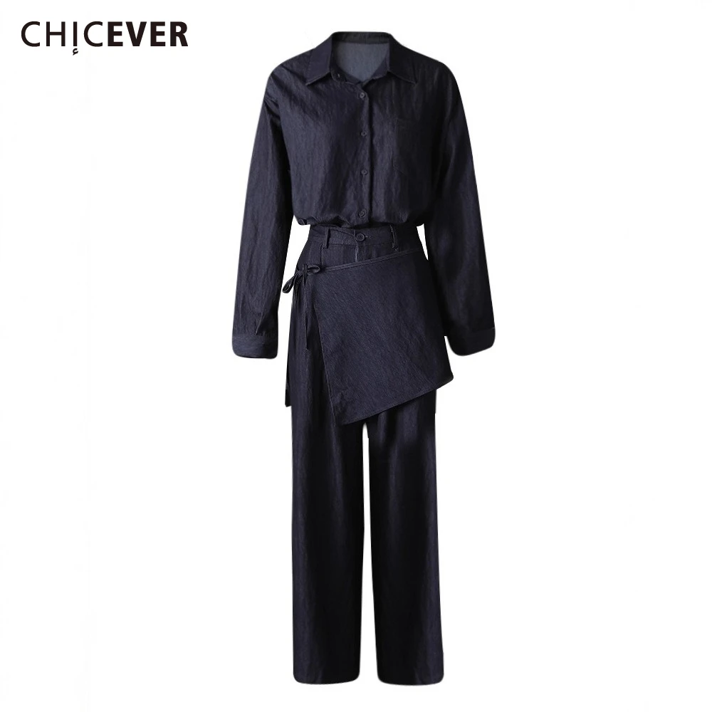 

CHICEVER Solid Spliced Fart Curtain Two Piece Set Female Lapel Long Sleeve Shirt Casual Korean Women's Trousers Sets New Style
