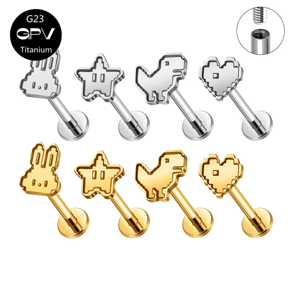 G23 F136 Titanium Ear Studs Pixel Style Small Animal Heart-shaped Ear Cartilage Studs for Men and Women Piercing Jewelry