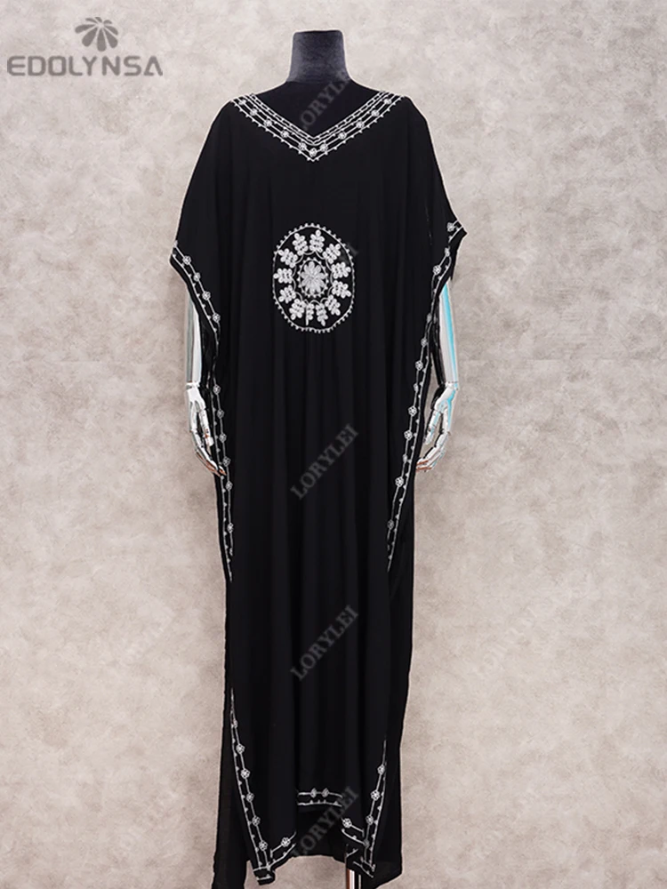 2023 Black Oversize V Neck Moroccan Kaftan Beach Dress Plus Size Women Summer Half Sleeve Side Split Midi Dresses Tunica Q643