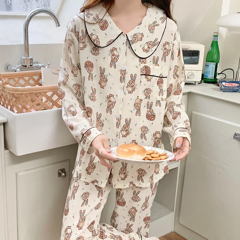 Plus Size Pajama Mujer Cartoon Print Sleepwear Set Long Sleeve Top Pants Ruffle Homewear Skin-Friendly Breathable