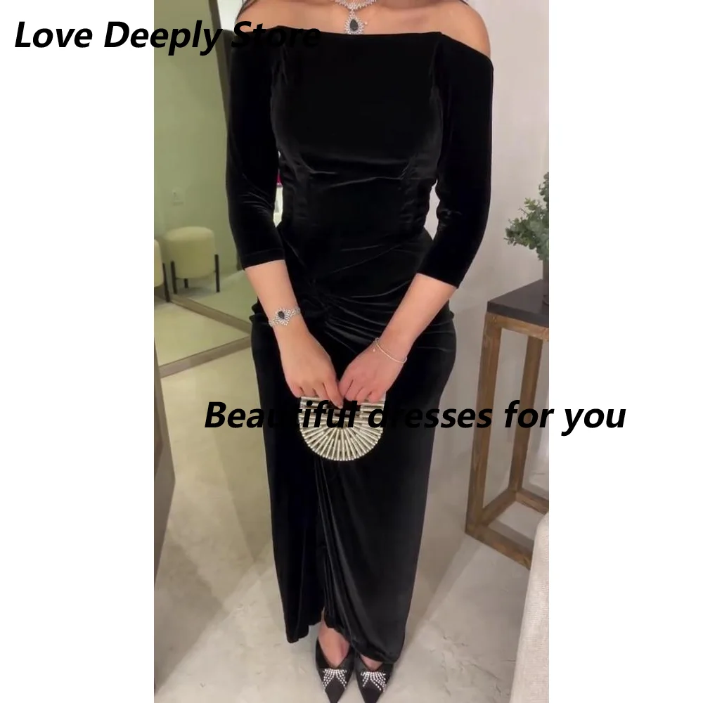 

Black Velour Prom Dress Customized Off Shoulder Boat Neck Ankle Length Straight Saudi Arab Evening Dresses Formal Occasion Gown