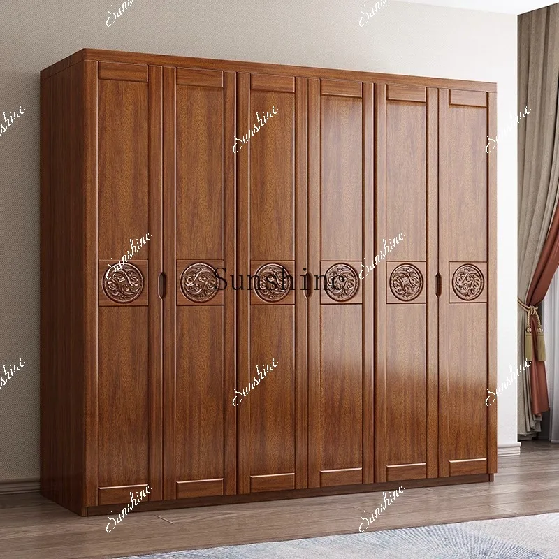 Chinese solid wood wardrobe household bedroom all solid wood modern simple wardrobe opposite the door  FT