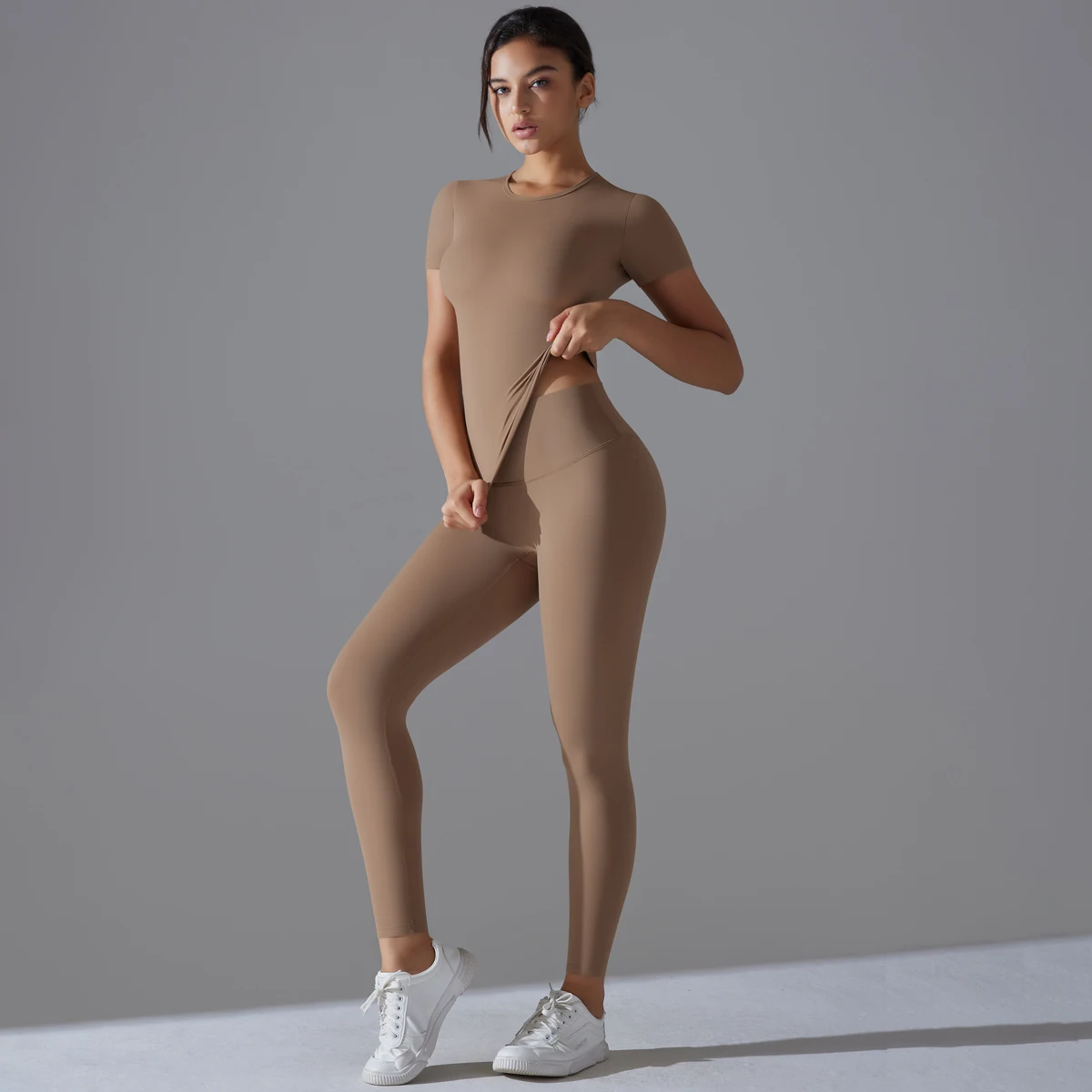 Conjunto de Yoga para mujer, conjunto de entrenamiento, ropa deportiva, ropa de gimnasio, pantalones cortos de Fitness, Top corto de manga, mallas de cintura alta, trajes deportivos