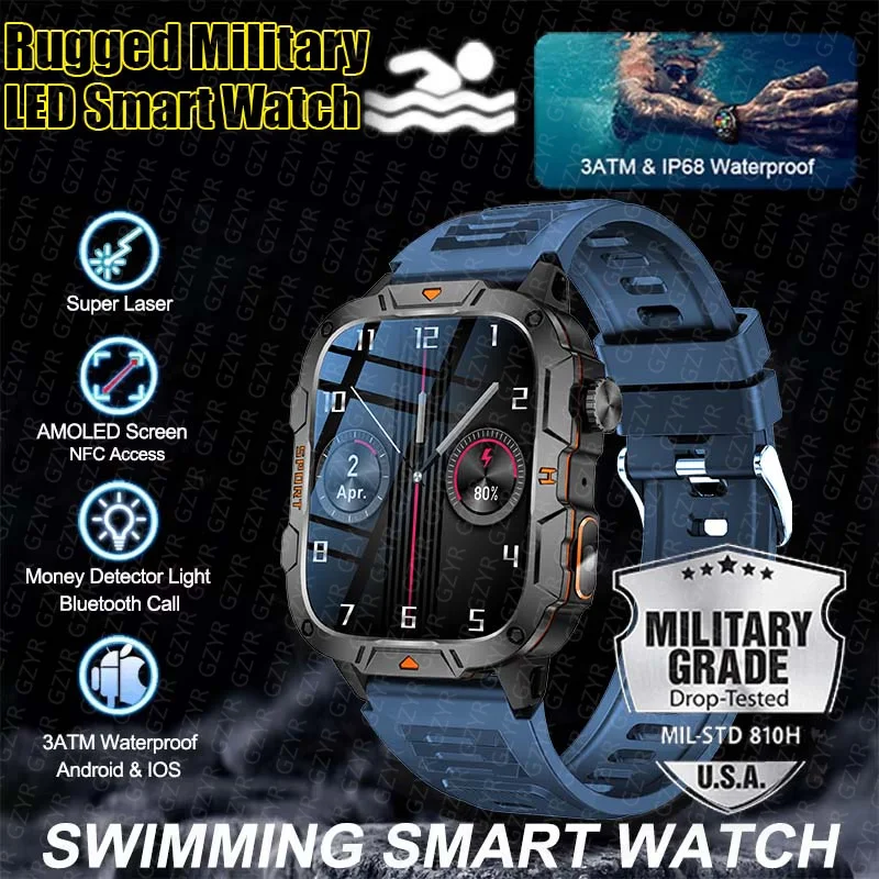 

New Rugged Military Fitness Men Smartwatch Bluetooth Call LED Lighting IP68 3ATM Waterproof Sport Ai Voice Women Smart Watches