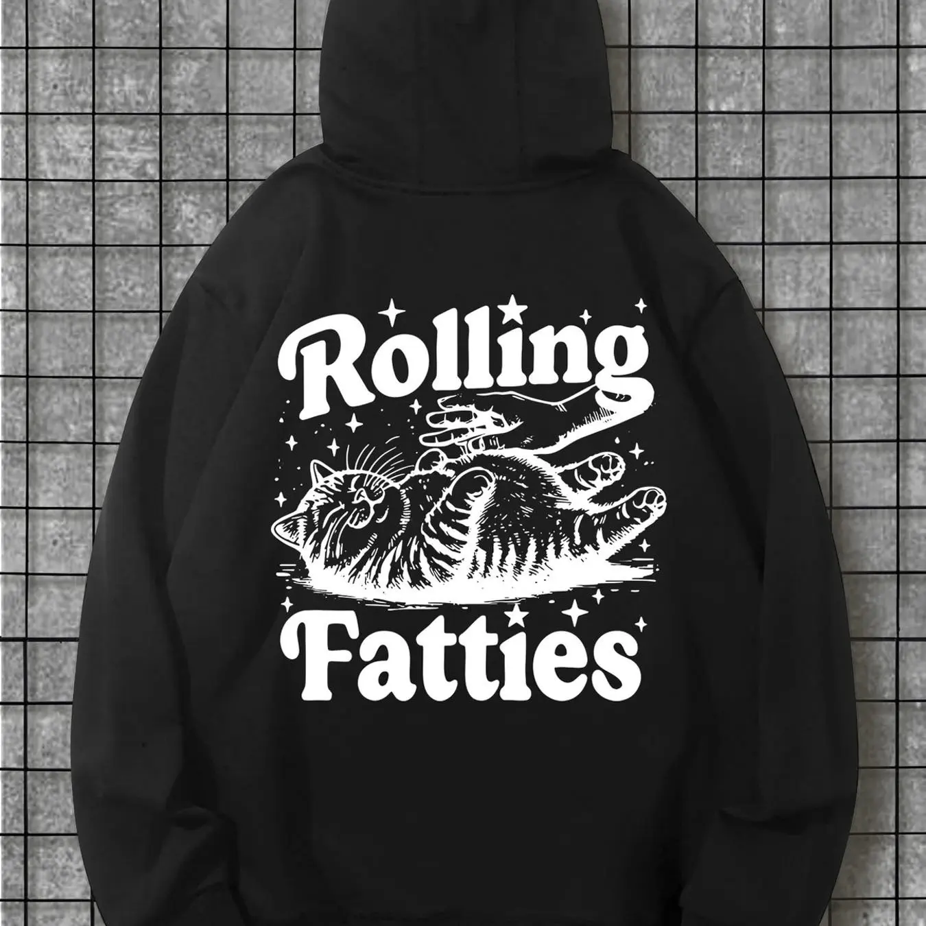 

​​rolling fatties hoodie black white cat print streetwear oversized pullover lazy star design with hand petting kangaroo pocket