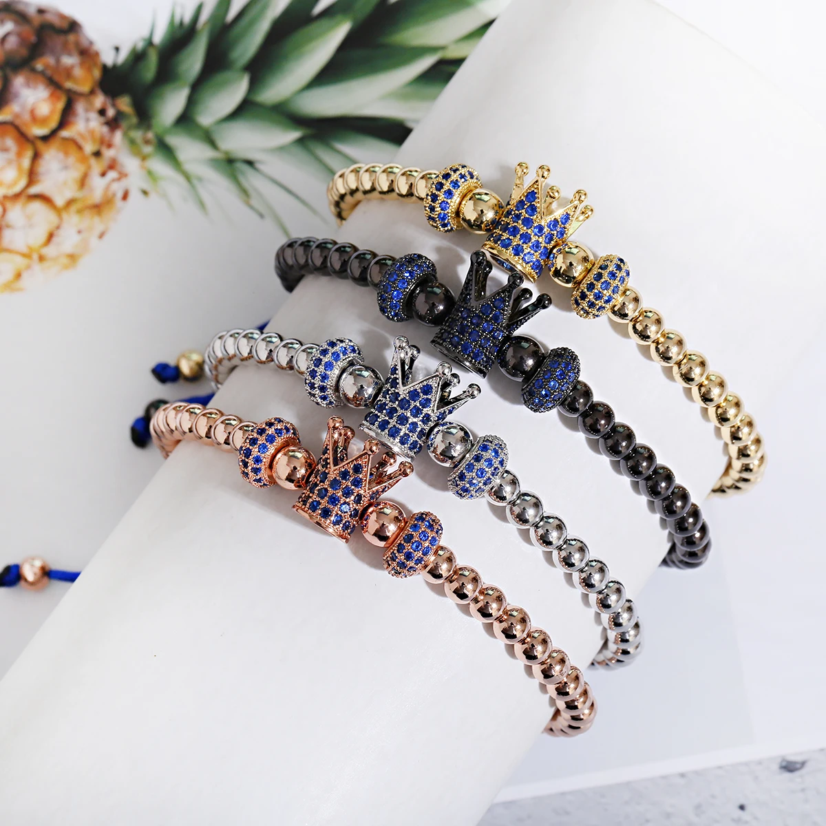 Gold Color Crown Bracelet Fashion Handmade Braiding Bracelet Blue Zircon Copper Bead CZ Bracelet Micro Pave Charms Jewelry Gift