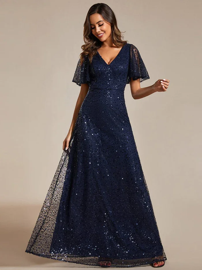 Ever Pretty 2024 Shimmering All Over Sequin V Neck Short Sleeves A-Line Formal Evening Dress