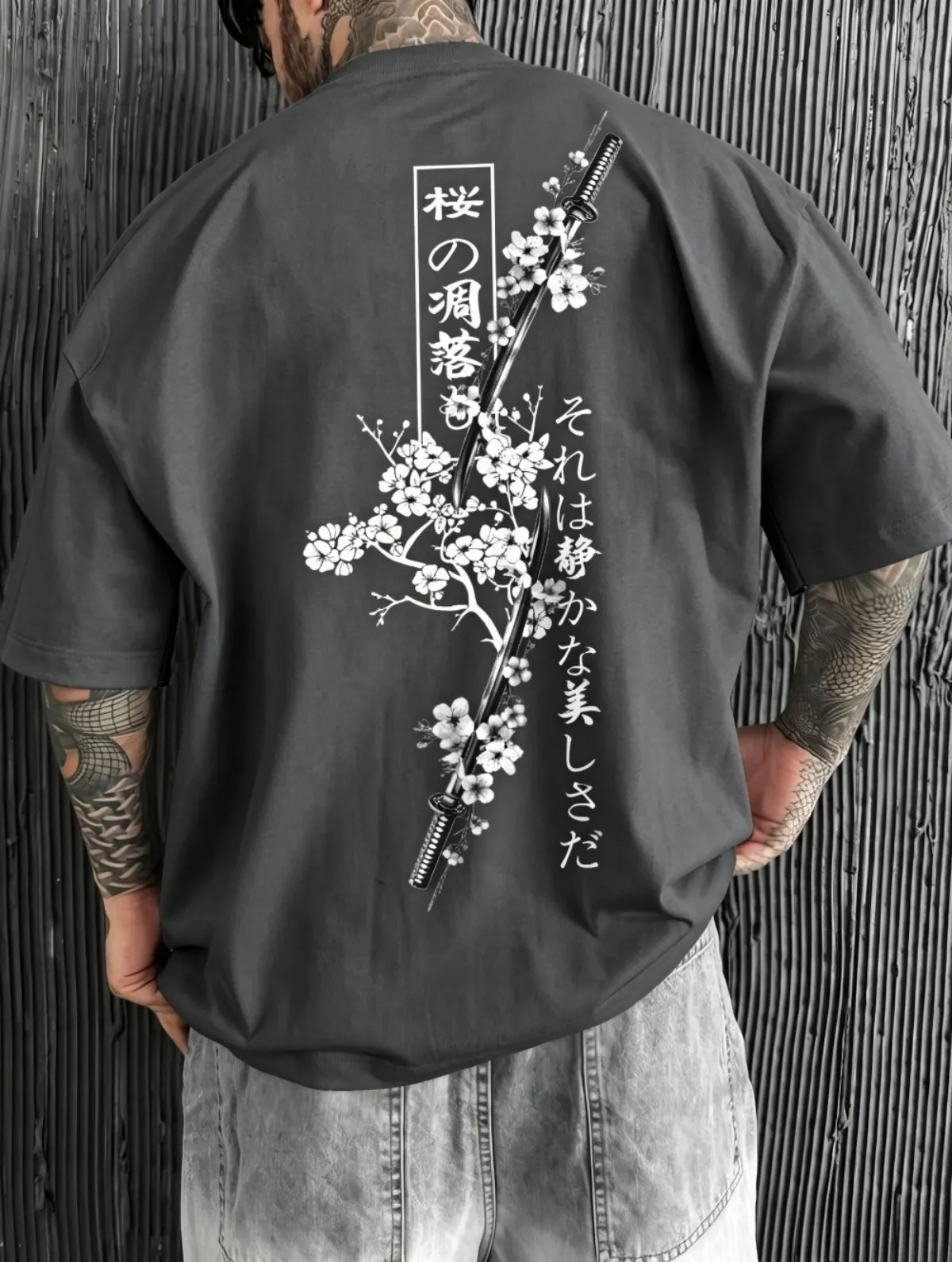 Summer men's cherry blossom branch samurai sword letter print comfortable and breathable round neck T-shirt outdoor street top