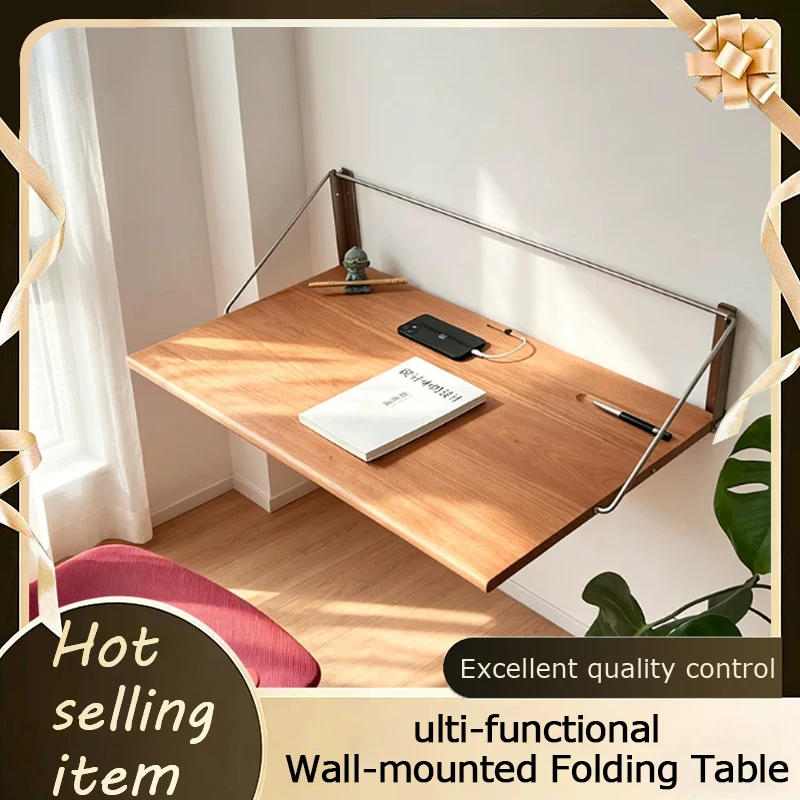 Wall Mounted Folding Desk With Shelf And Support Bracket Industrial Marine Plywood Flip Up Floating Desk For Small Apartment
