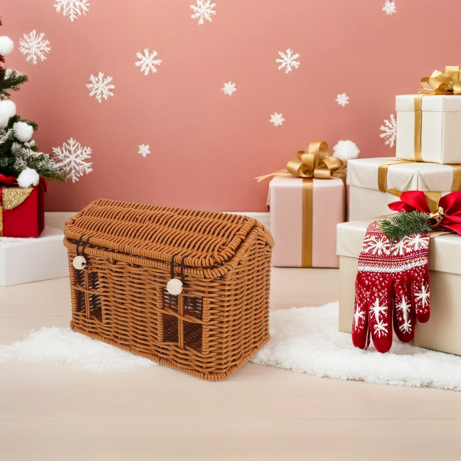 

Christmas Candy Basket Faux Rattan House Shaped Small Covered Storage Basket Holiday Table Decor Snacks Cookies Organizer Light