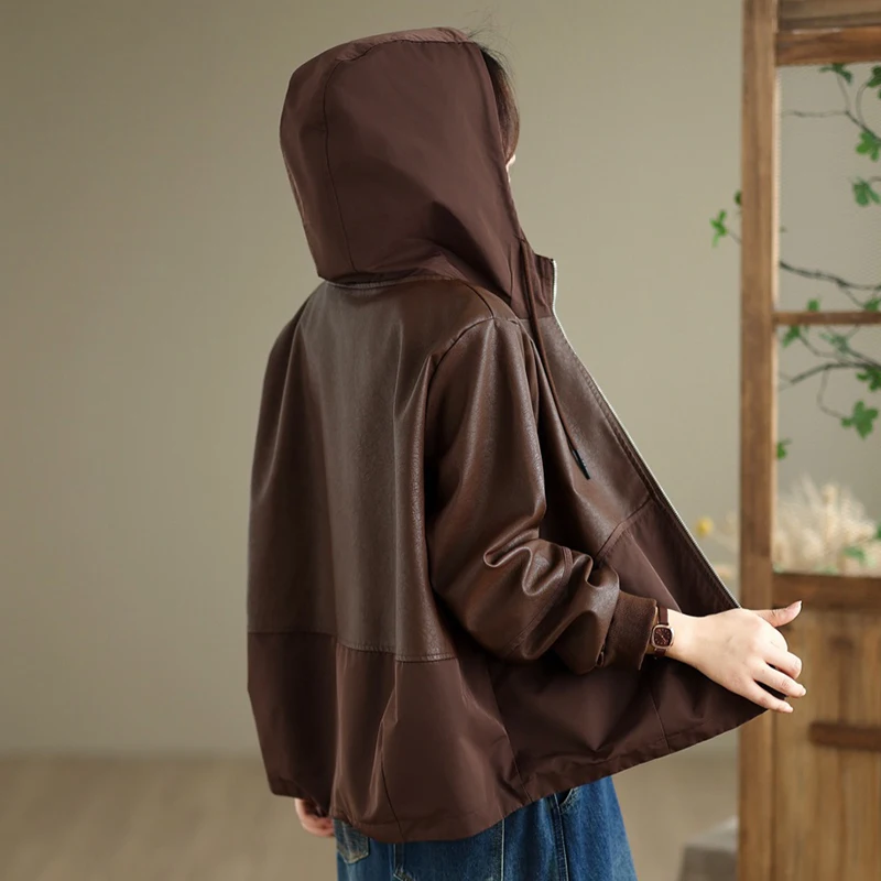 Masss Wasss 2025 Moda donna Patchwork con cappuccio PU Giacche Donna Capispalla allentato Casual Cappotti in ecopelle Giacche a vento vintage