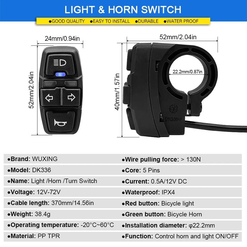 Electric Bike Waterproof Headlight and Rear Light Set 36V/48V DK336 Switch Cable For 8pin 9pin Controller E-bike Retrofit Parts