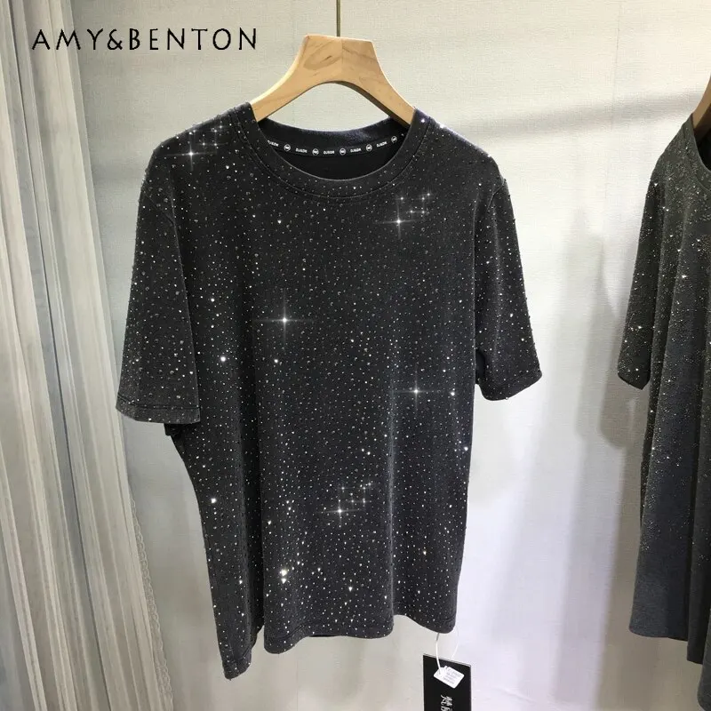 

Ladies Premium Full Rhinestone Front And Back Short Sleeved Slim Fit Crew Neck Cropped Top Versatile Slimming Summer Y2k Tees
