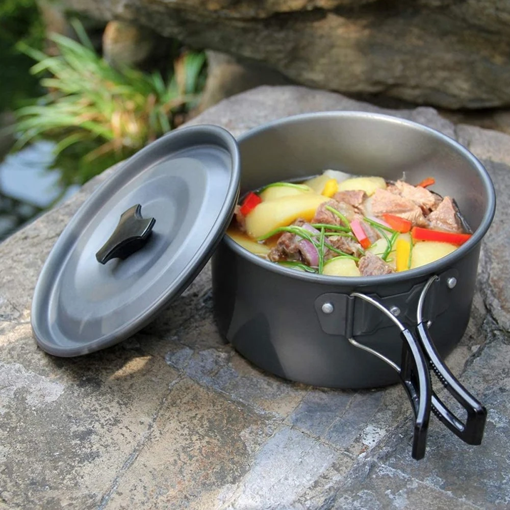 Camping Cookware Set Portable Outdoor Dishes & Utensils for 5-8 Person Aluminum Pot Set with Boiling Kettle Frying Pan Tableware