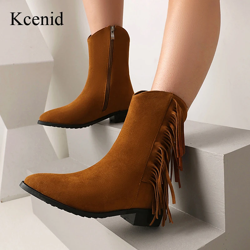 

Kcenid Fashion Fringe Flock Ankle Boots For Women Autumn Winter Low Heels Street Style Pointed Toe Modern Boots Plus Size 34-52