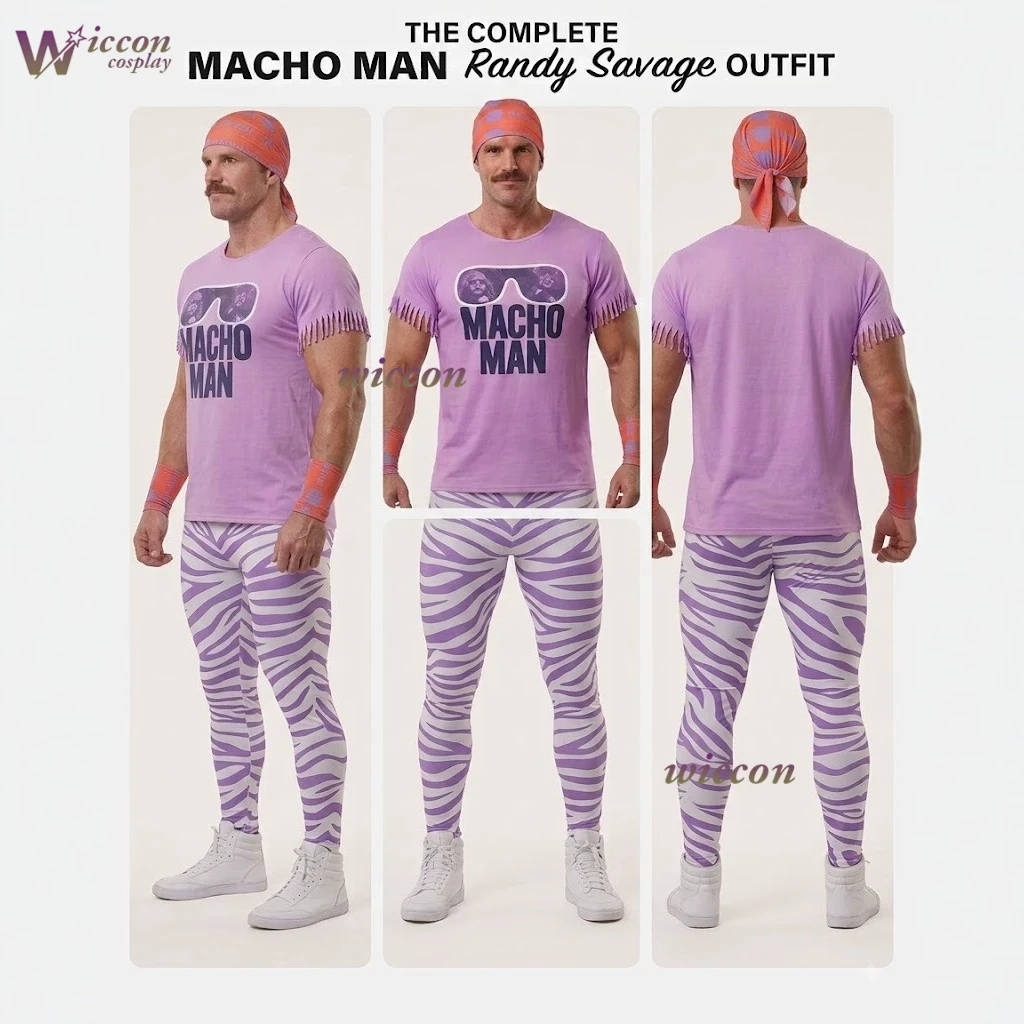Wrestler Macho Man Randy Savage Cosplay Suit Purple Fringe Short Sleeve T-shirt Zebra Leggings Bandana Wristband Full Costume