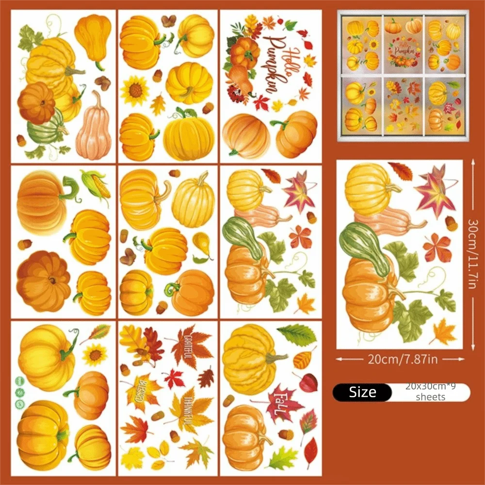 Double-Sided Fall Window Clings Reusable Waterproof Static Cling Decorations Pumpkin Scarecrow Design Maple Leaves Pattern