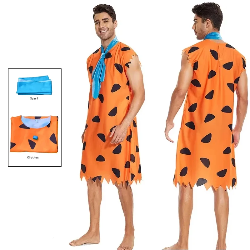 Fred Cosplay Anime Flintstones disfraces adulto chico salvaje primitivo disfraz naranja Colthing carnaval fiesta Halloween