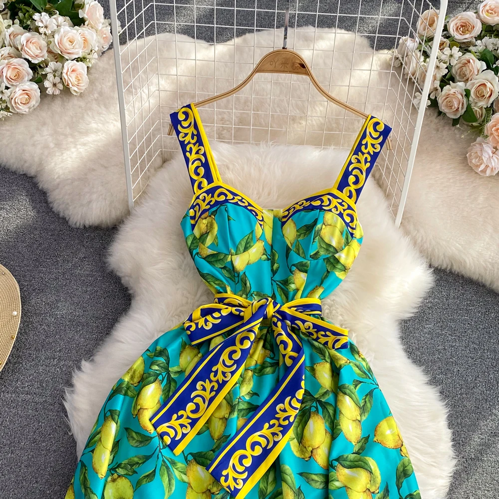 Runway Fashion Maxi Dress Summer Bohemian Spaghetti Strap Lemon Print Sundress Cup imbottito con cintura elegante Backless Long Vestidos