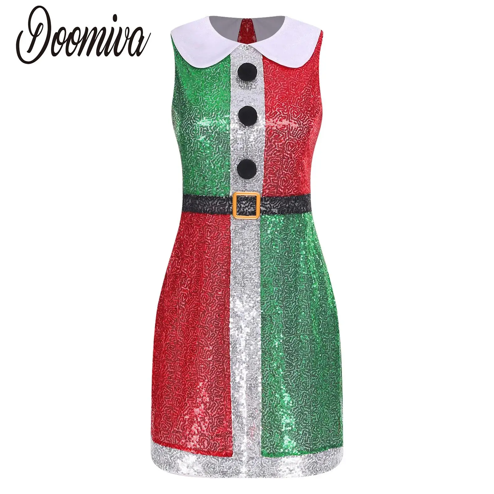 

Women Santa Elf Christmas Fancy Dress Costume Xmas Party Dresses Sequins Color Block Sleeveless Santa Tutu Dress Dance Clothes