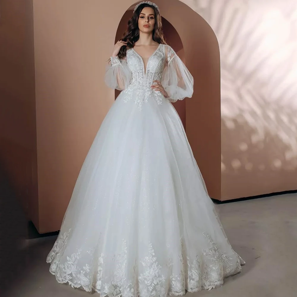 

Exquisite V-Neck Tulle Wedding Dresses Luxury Floor Length Applique Lantern Long Sleeves Vintage Lace Up Customized Gowns Robe