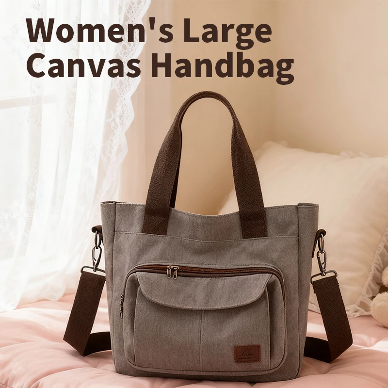 Large Women's Canvas Tote Purse Shoulder Small Handbag for Travel Work Multi-pocket Top Handle Work Messenger Bags with Zipper