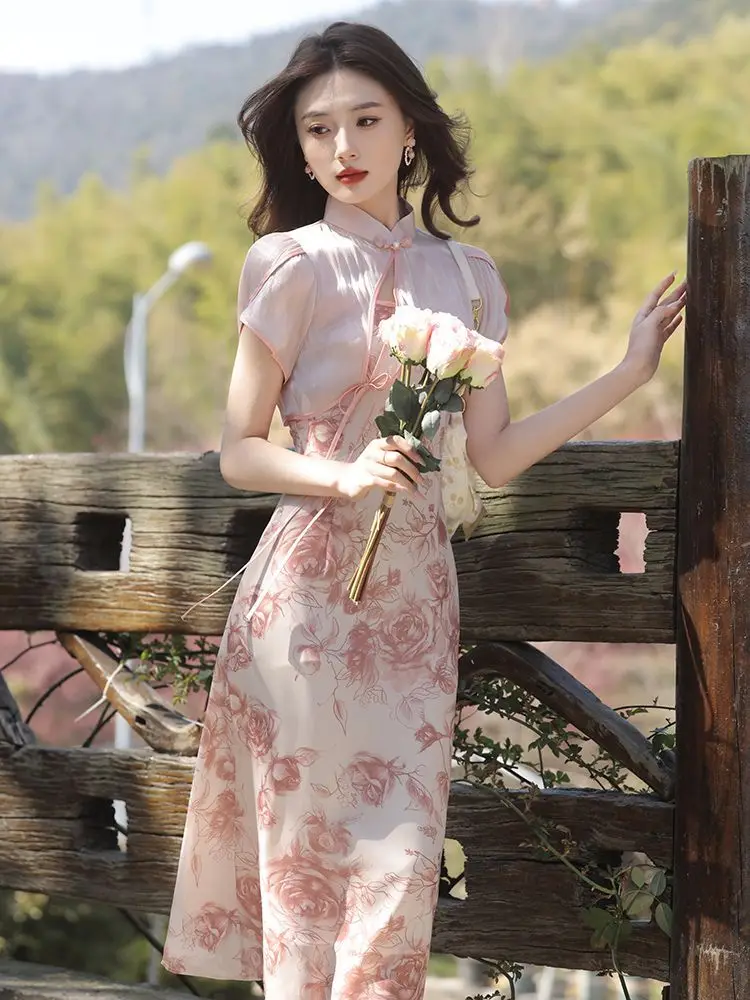 Pink Cheongsam Sexy Dress Young Summer Chinese Daily Improvement Young Girl Women\'s Clothing Modern Chi-pao