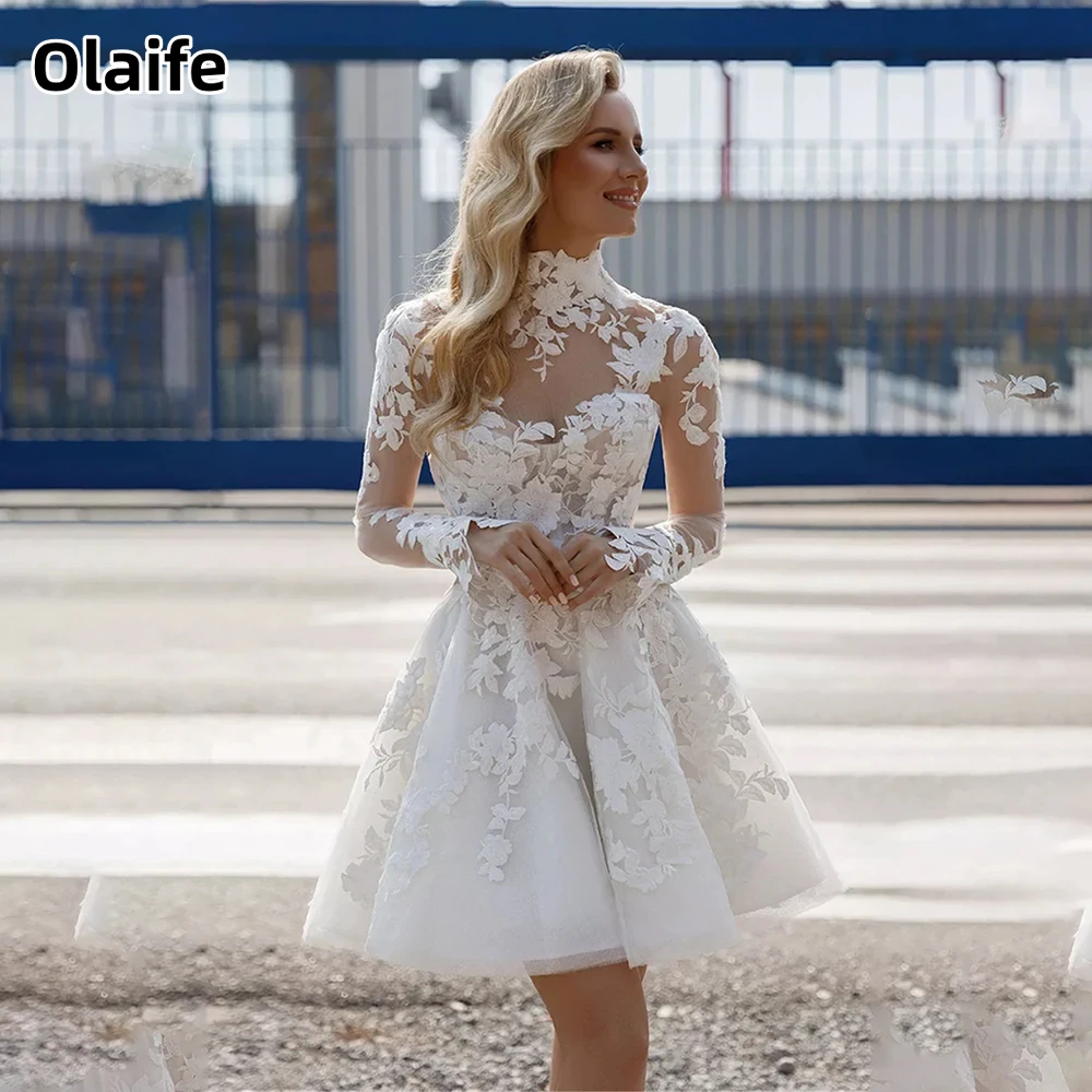 Olaife High Neck Lace Full Sleeves A-line Short Applique Wedding Dresses Buttons Back Tulle Custom Made Vestido De Noival