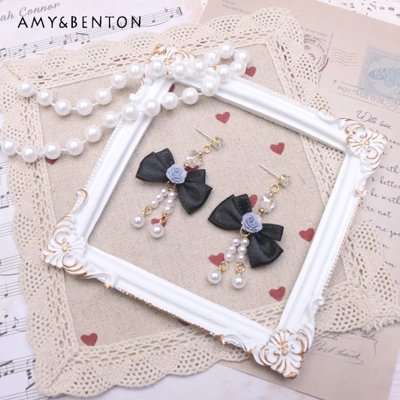 Original Handmade Sweet Elegance Bowknot Rose Pearl Earrings Cute 925 Silver Needle for Women Kawaii Lolita Aretes De Mujer