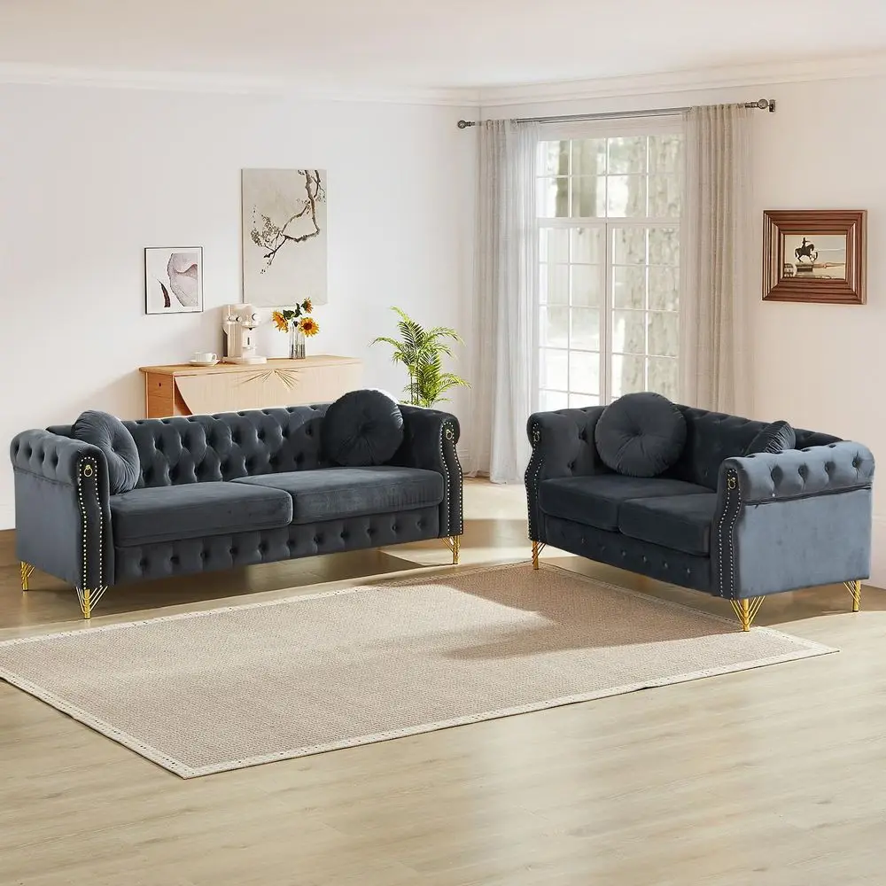 

Pieces Mid Century Modern Chesterfield Sofa Set, holstered Button Tufted Velvet Couch with Nailhead Trim amp Gold Legs, Deep