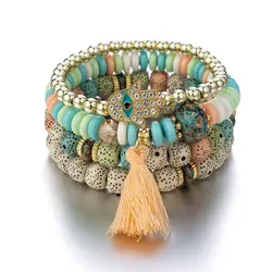 New Evil Eye Tassel Bracelet Set For Women Crystal Fatima Hand Charm Stone Beads Chain Bangle Female Bohemian Jewelry Gift