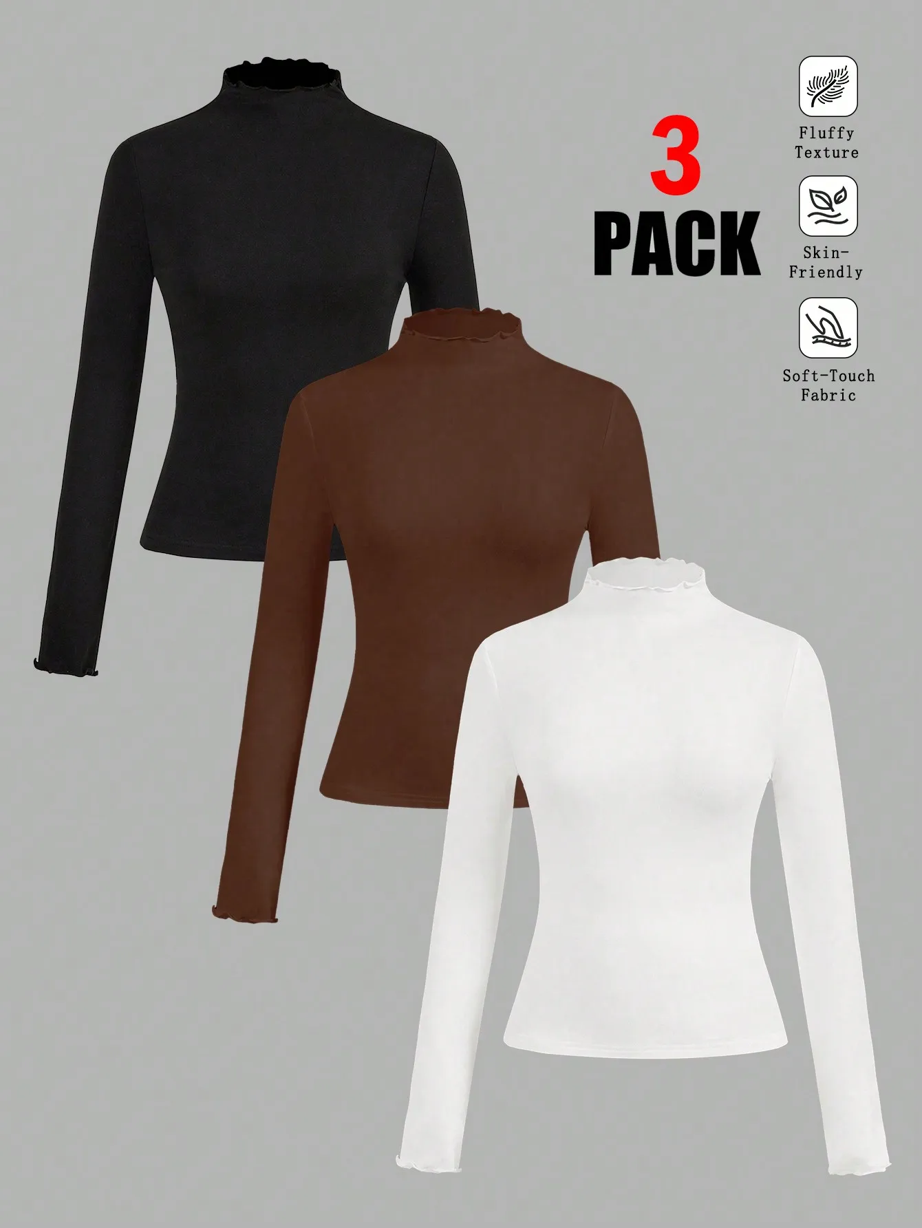 

Three-piece set of casual solid color high-neck long-sleeved T-shirts, suitable for wearing in autumn and winter to keep warm.