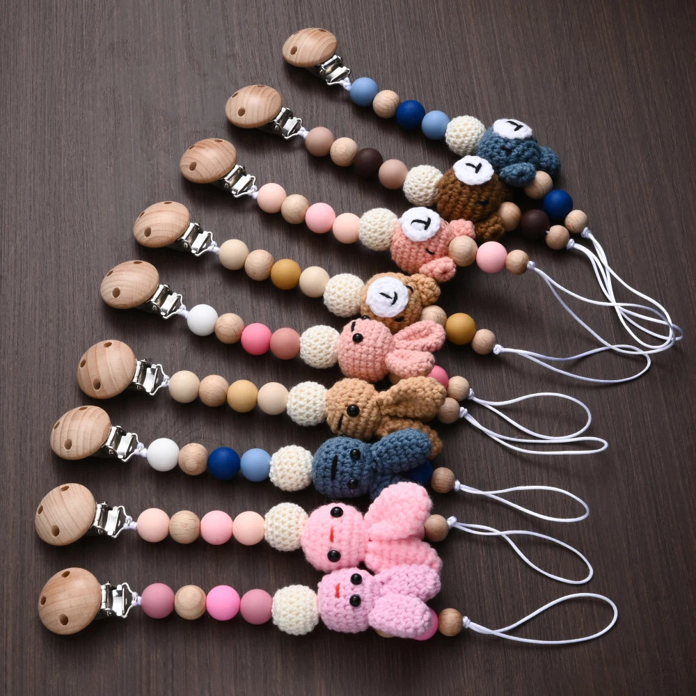 Baby Handarbeit Gewebt Schnuller Kette Weben Kaninchen Bär Zahnen Schnuller Halter Clip Für BPA FREI Schnuller Pflege Kauen Kette Spielzeug