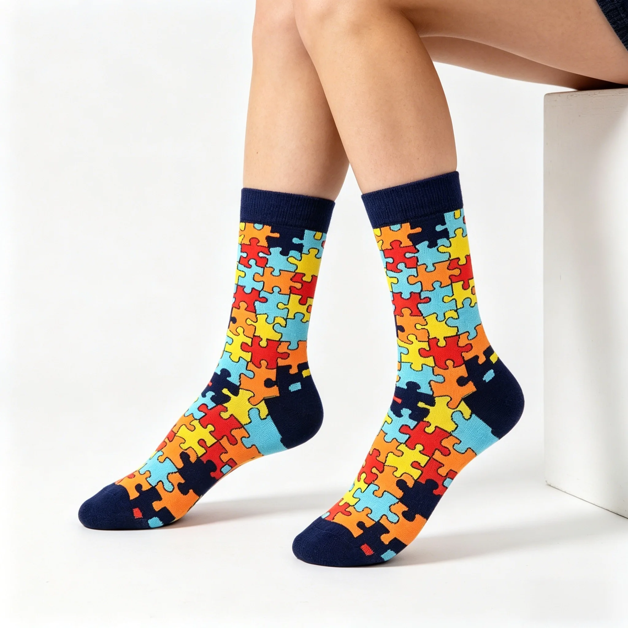 Neutral Unique Puzzle Printed Mid Tube Socks Fashionable Street Style Soft Comfortable All Seasons Couple Leisure Colorful Sprin