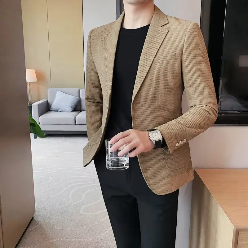 Waffle Suit Jacket Men Blazer Mature Style Casual Korean Fashion Comfort Suit Jacket Solid Color Business Fashion Coat Top