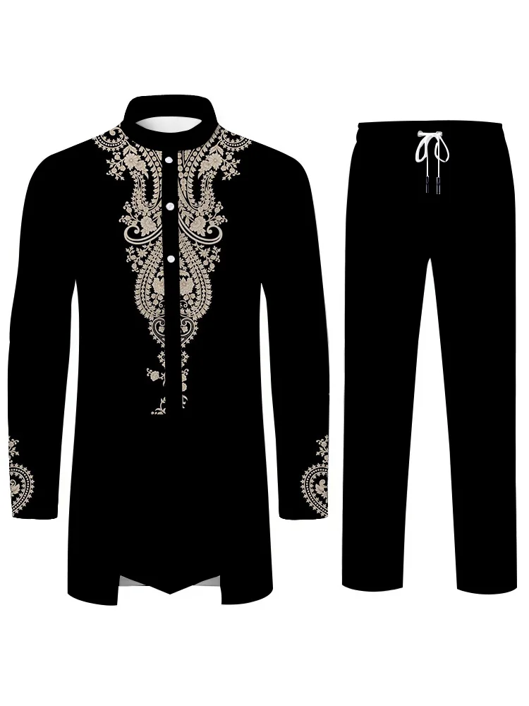 Fashion Ethnic Culture Style Mens Suit Personalized 3D Printed Pattern Islamic Muslim Suit Loose Fit Breathable Two Piece