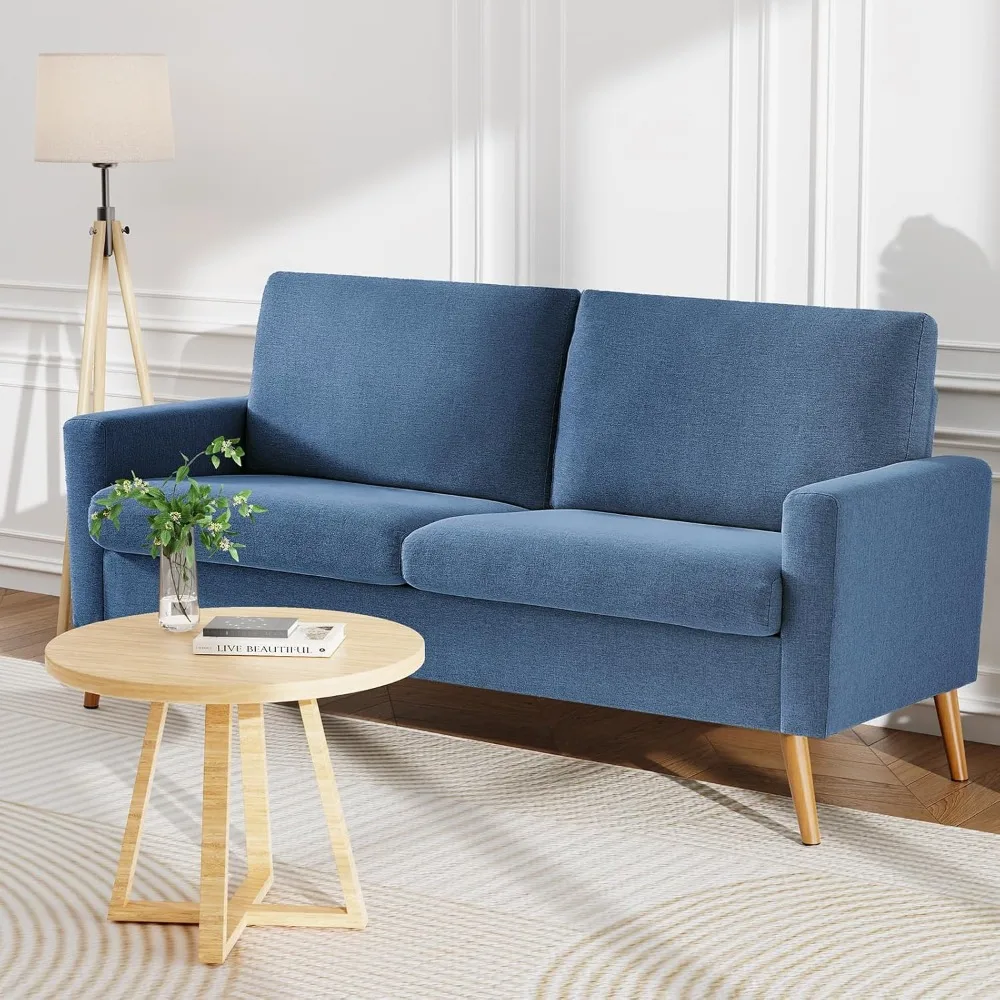 أريكة بمقعدين من الكتان الأزرق الحديث في منتصف القرن لغرفة المعيشة، أريكة صغيرة مناسبة لغرفة النوم أو المكتب #6