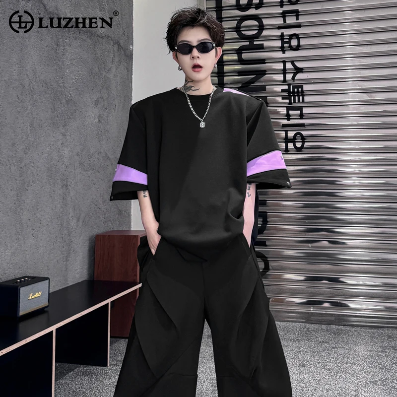 

LUZHEN Color Contrast Splicing Design Trendy Short Sleeved T Shirts Personality Fashion Handsome Korean Men's Street Tops LZ3413