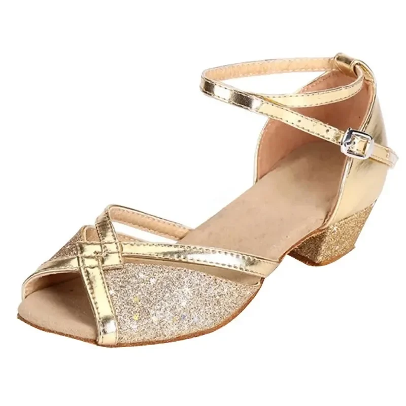 Zapatos de princesa con lentejuelas para niñas, sandalias de baile latino, Punta abierta, tacón, perla, cristal brillante, zapatos escolares/de equipo para niños