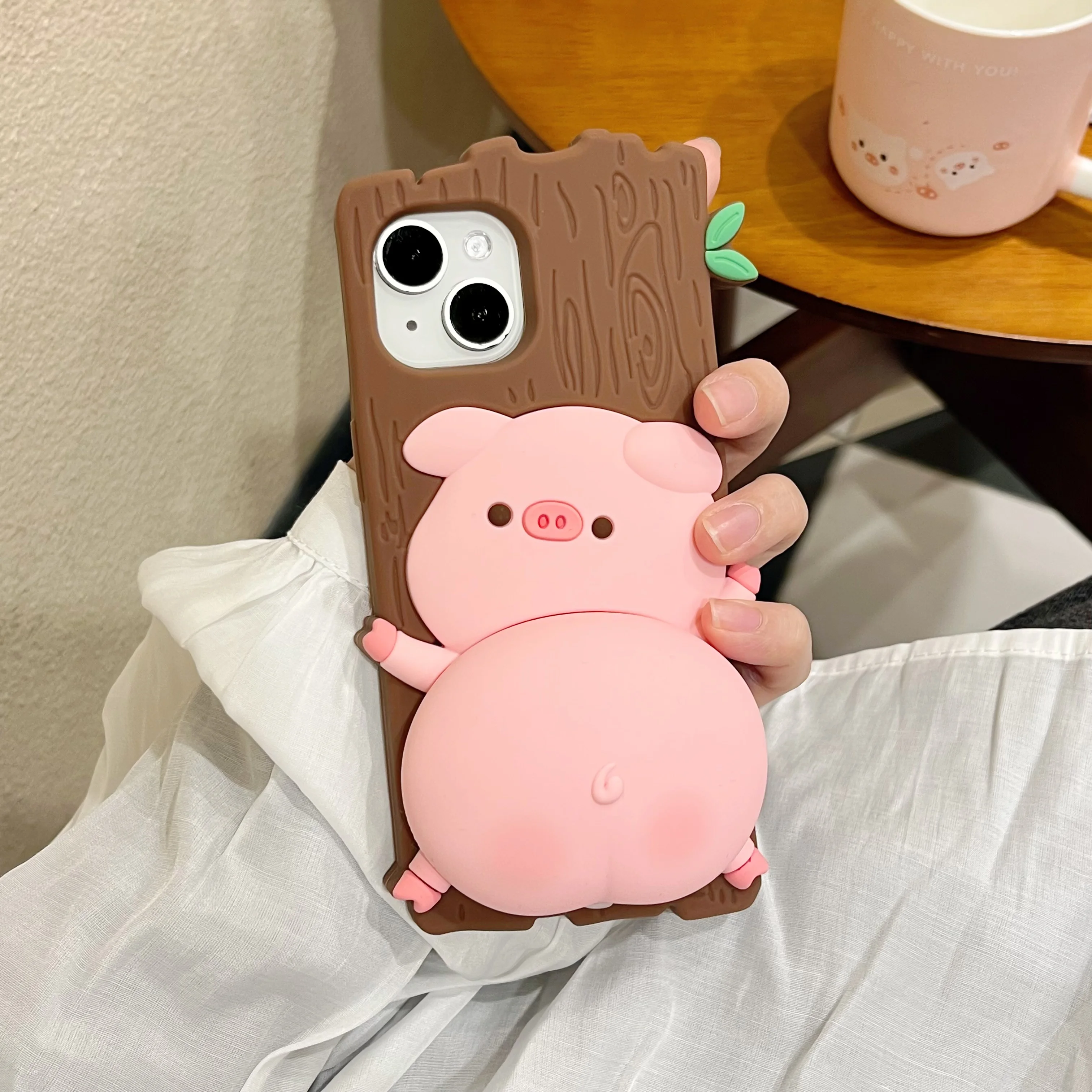 3D Cute Cartoon Pig Soft Silicone Case for iPhone 15 14 13 12 Pro Max Reliver Stress Funny Climbing Tree Piggy Shockproof Cover