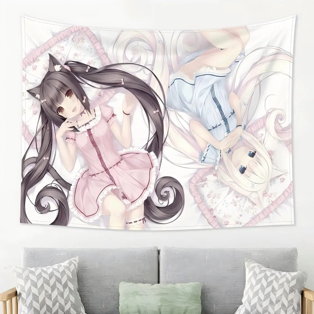 1 Stück N-Nekopara Chocola Vanilla Pyjama Wandteppich Zwillingskatzen Mädchen Blumenmuster Wandbehang Kawaii Deko Schlafzimmer Wohnheim Otaku Fans – Detail 5