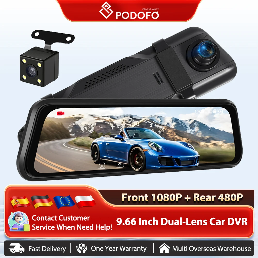 Podofo-cámara de salpicadero de doble lente de 9,66 pulgadas, grabadora de vídeo con espejo retrovisor, 1080P con tirador trasero de 480P, grabadora de vídeo con pantalla táctil para coche