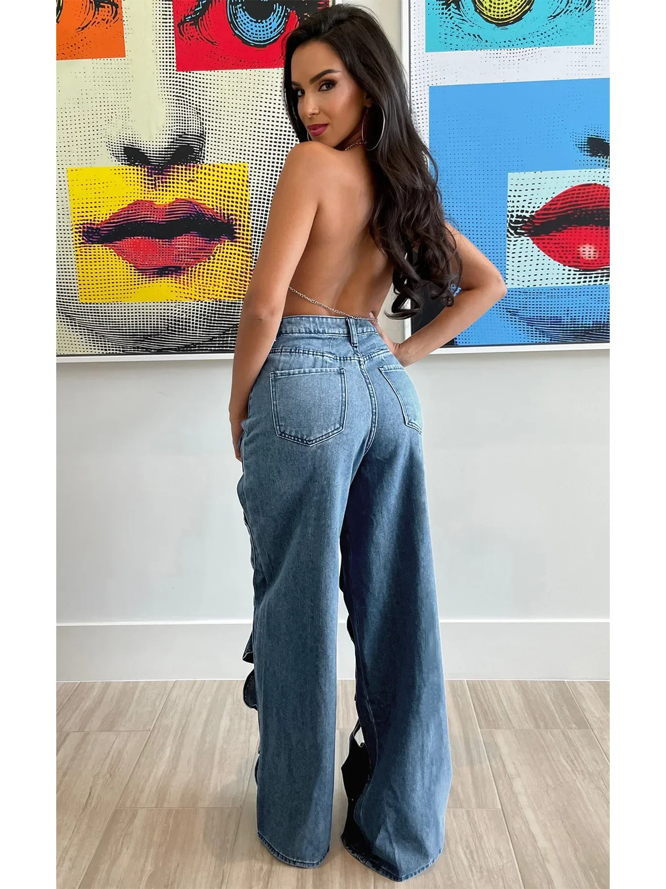 Women Vintage Cutout Hollow Out Criss Cross Straight Denim Pants Fashion INS High Waist Wide Leg Jeans Trousers