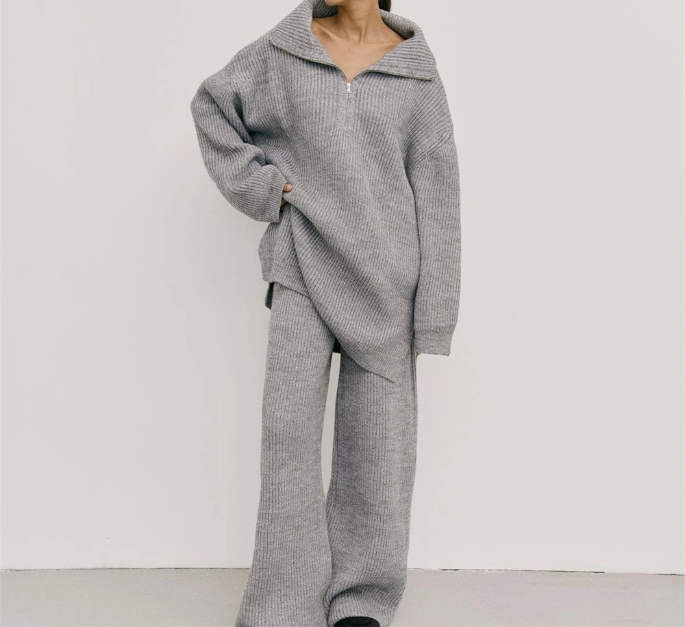 

Simple and Sophisticated Solid Color Women's Autumn and Winter Half Zipper Sweater Knitted Straight Leg Pants Two-piece Set