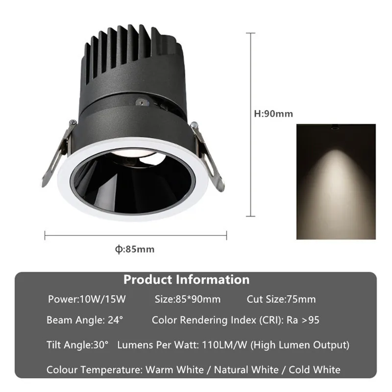 15W Dimmable Recessed LED Downlights Black+White Thick Aluminum Deep Anti-glare COB Ceiling Lamp Spot Lights AC110-260V 85xH90mm