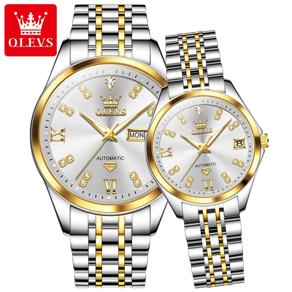 OLVES Diamond Couple Watch Set Original Automatic Mechanical Wristwatch for Men Women Elegant Luxury Dual Calendar Lover's Watch