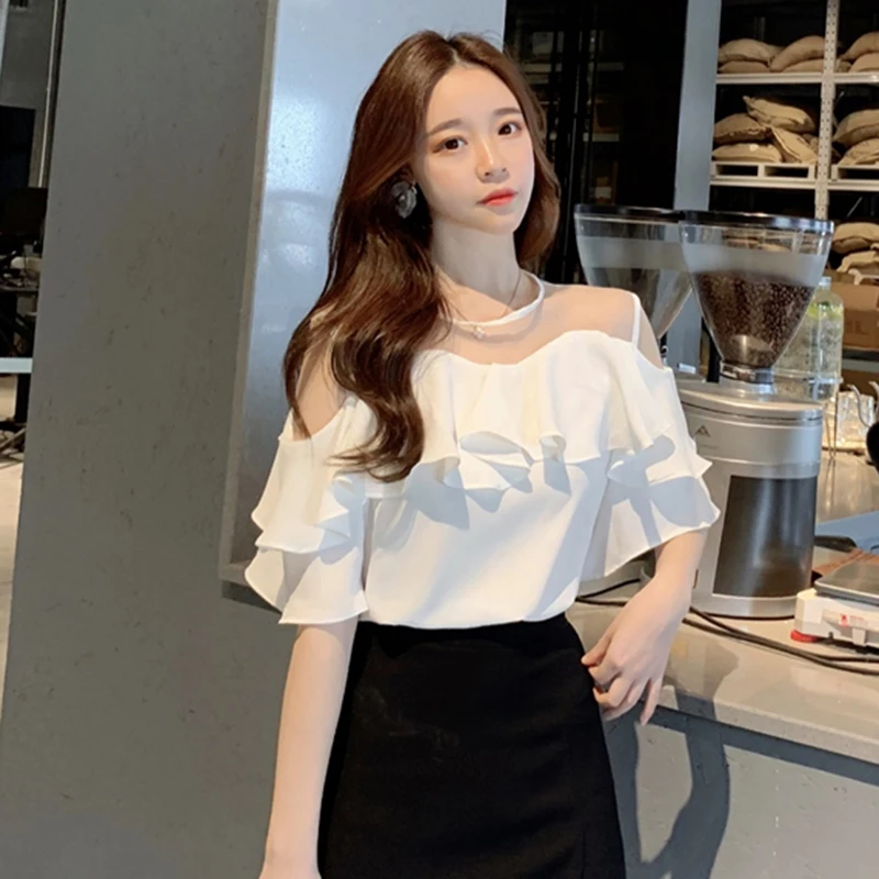 Women Chiffon Shirt Elegant Ruffles Tulle Patchwork Off Shoulder Solid Female Blouse Summer All Match New Chic Ladies Tops