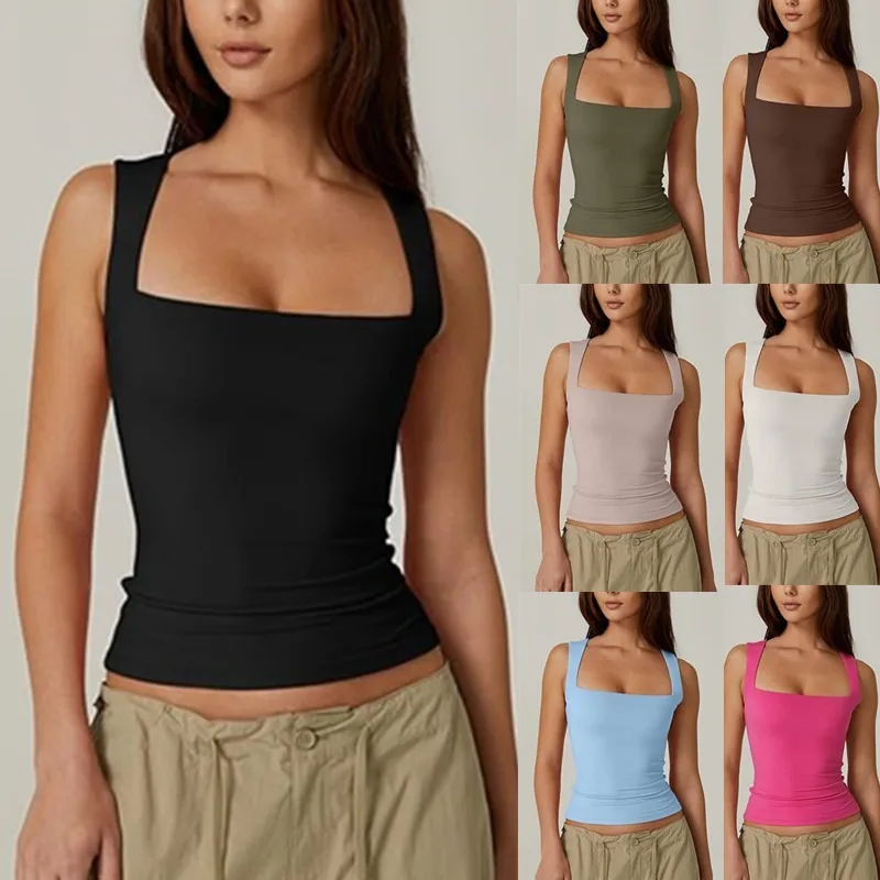 

2025 New Summer Style Commuter Women's Square Neck Sleeveless Double Layer Tank Top Basic Tight T-shirt Solid Color Comfortable