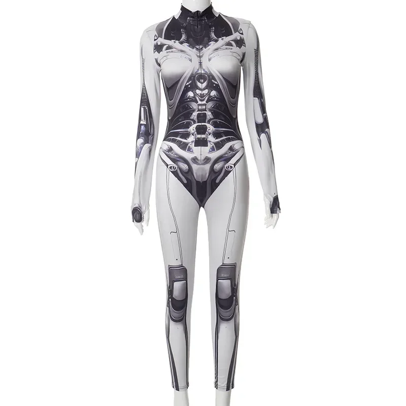 Zentai Robot Gothic Cyberpunk Cosplay Jumpsuit Adult Women Sexy Slim Skeleton Uniform Catsuit Bodysuit Halloween Party Costume