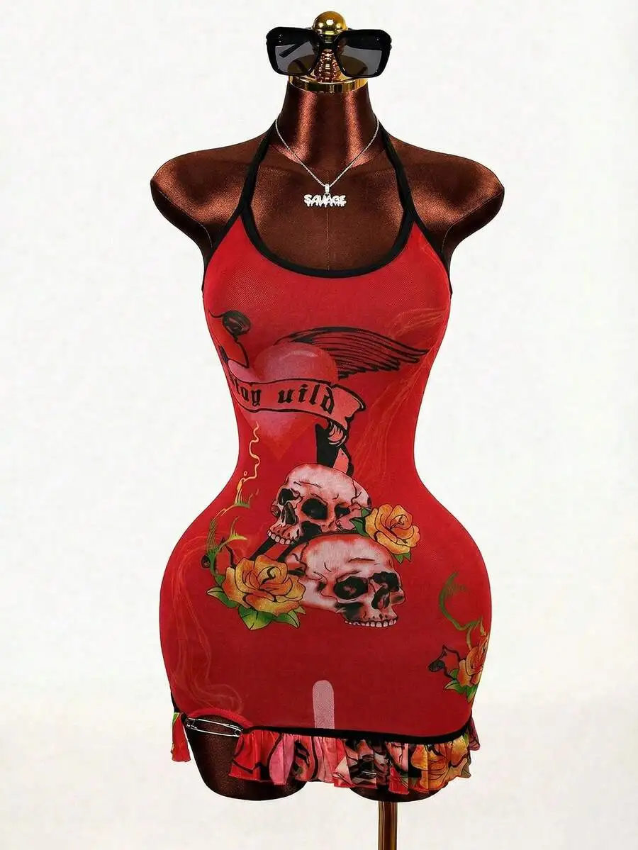 Womens Burnt Orange Y2K Summer Tight Fitting Mesh Dress, Skull And Rose Prints Street Hip-Hop Matrix Mini Dress